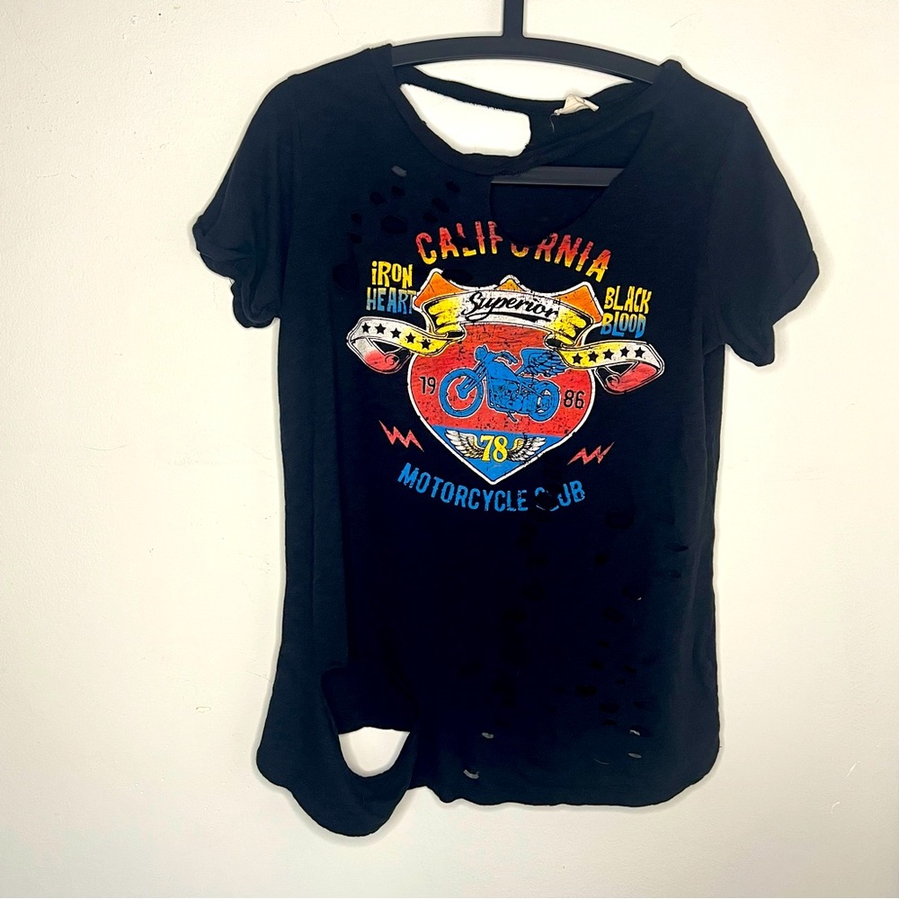 Emory Park Black Distressed Moto Graphic T-Shirt Small